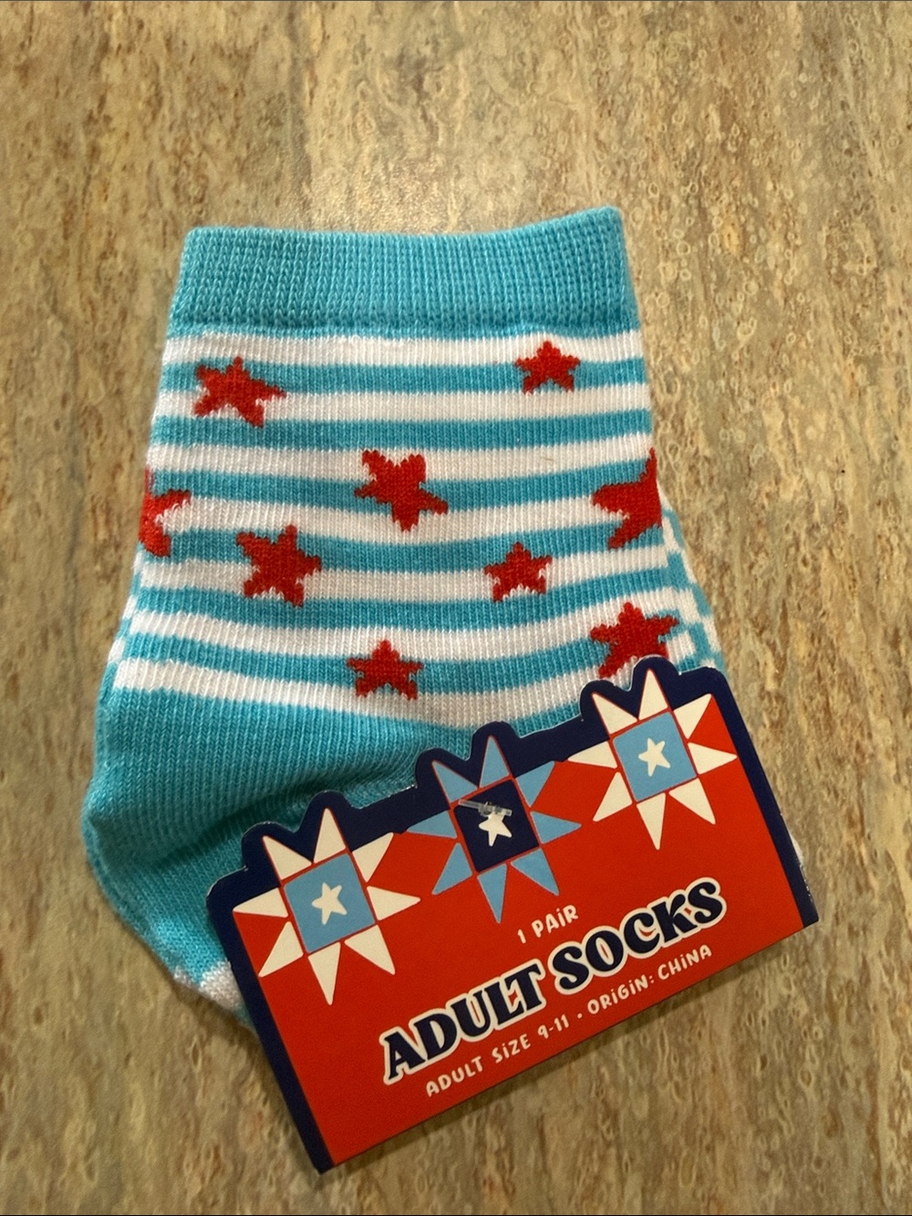 Striped Aqua & White Socks with Red Stars